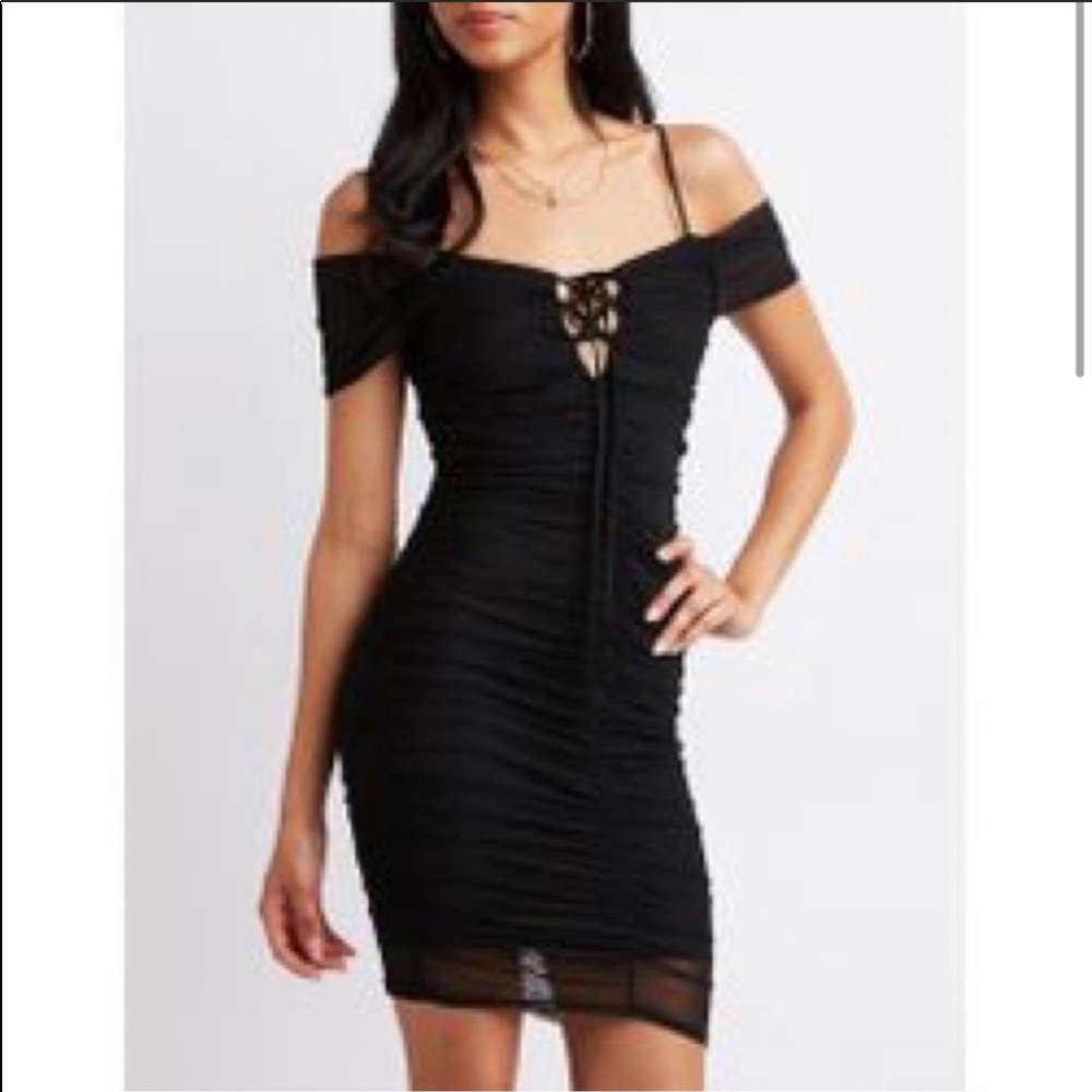 Charlotte Russe- Black off Shoulder Mesh Ruched Dress